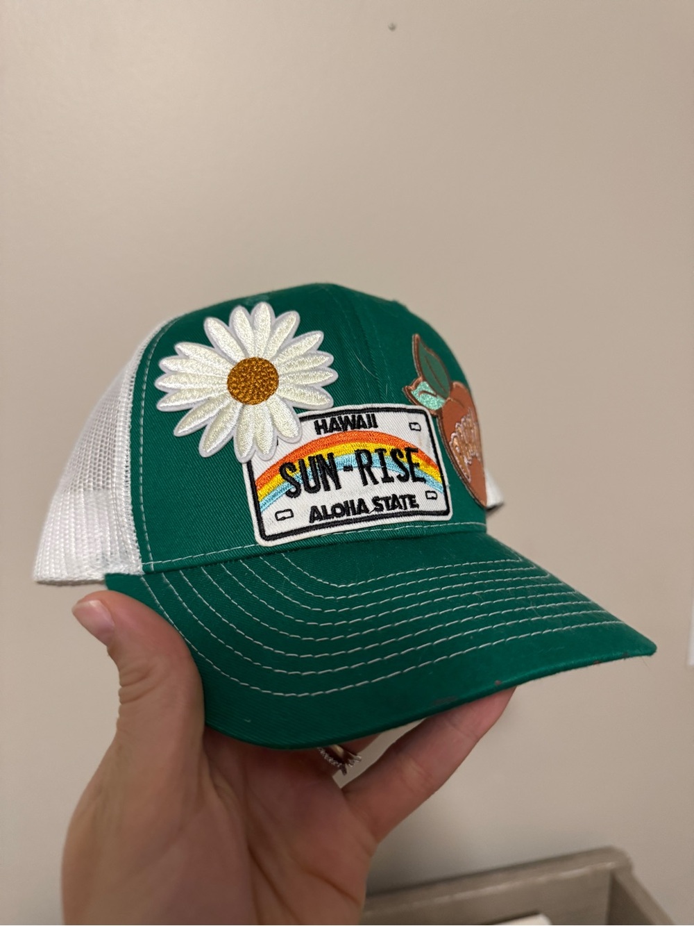 Green Kids Trucker Hat with Daisy & Sun-Rise Patch